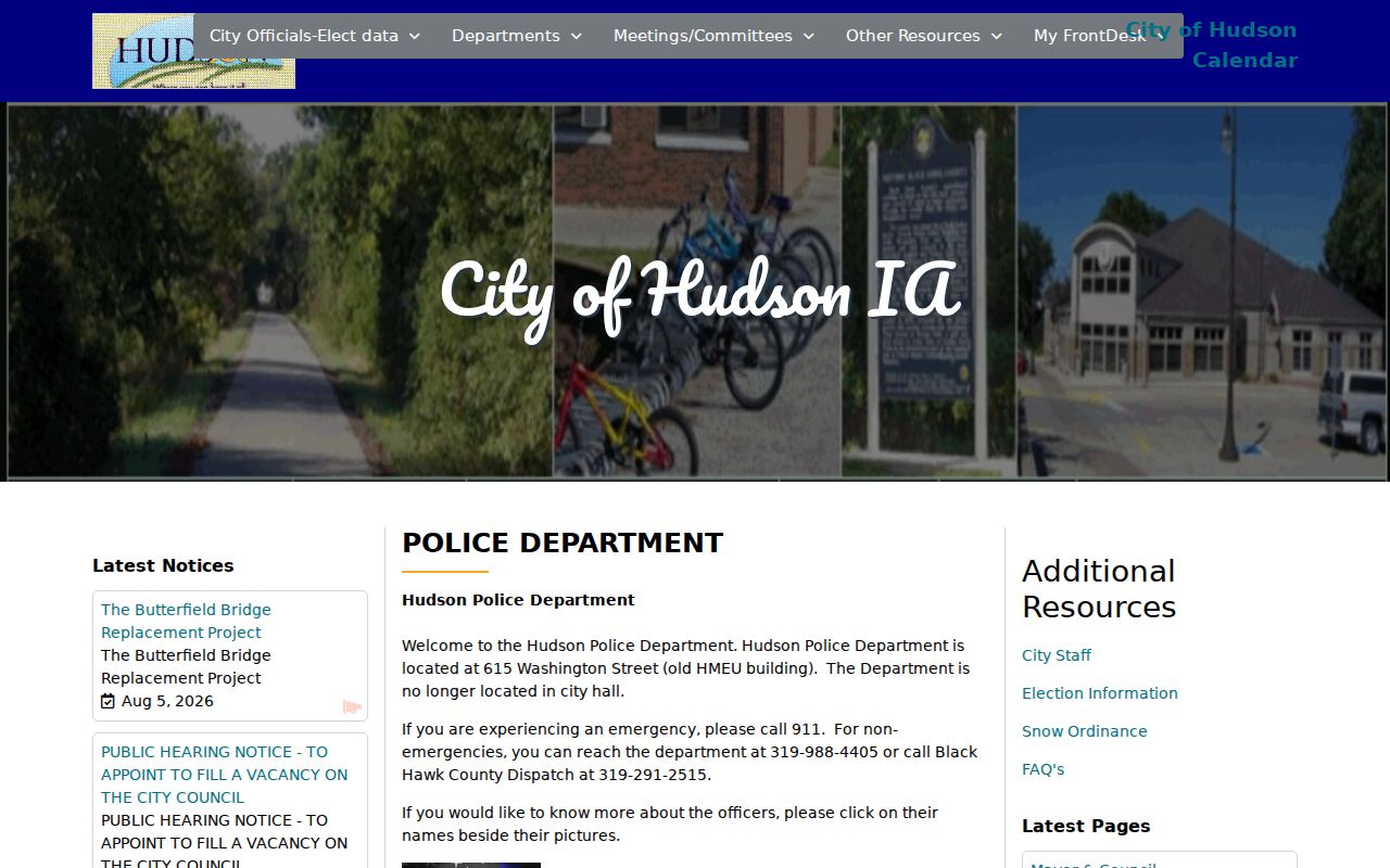 Hudson Police Department contact and building at 615 Washington Street for local warrant-record questions
