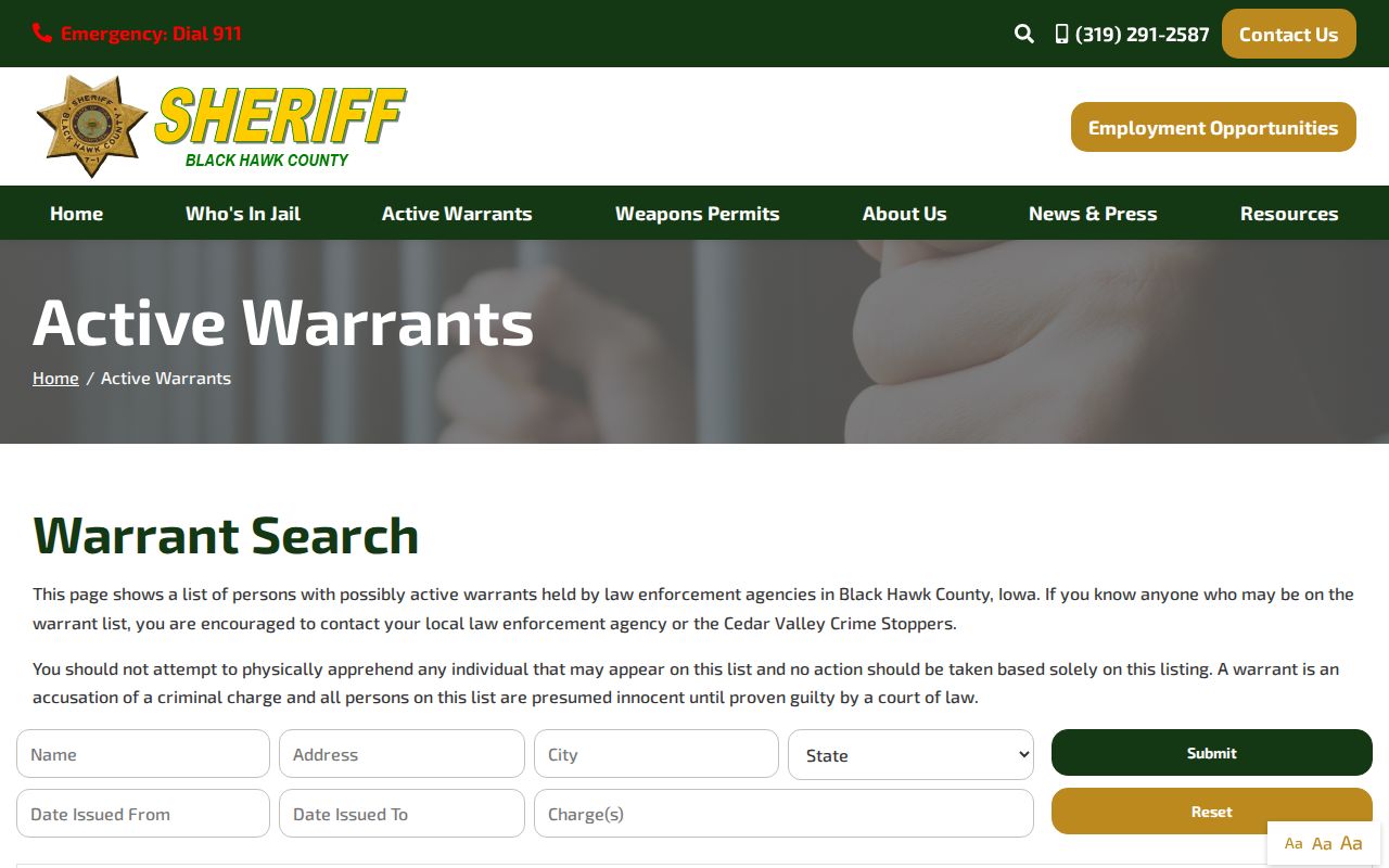 Black Hawk County warrant search controls and official caution