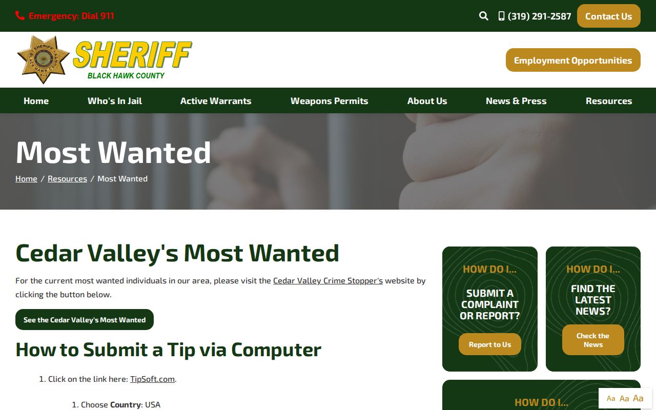 Black Hawk County Sheriff official Cedar Valley Most Wanted program page without roster details
